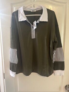 zeagoo Olive Green and White Striped Collar Pullover Sweatshirt